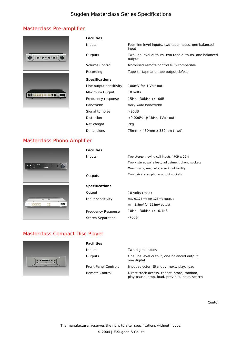 sugden masterclass Series Specifications